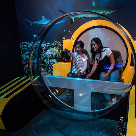 A parent and child sit inside a replica Triton underwater submersible