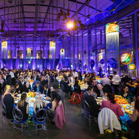 A room full of seated gala dinner attendees, lit with purple lights