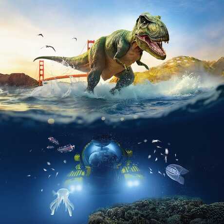 Photo illustration promoting Dino Days and Unseen Oceans exhibits at Cal Academy of a fearsome T. rex stomping through San Francisco Bay, while a submersible explores the water underneath