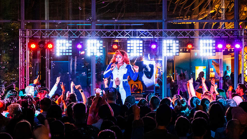 Pride drag show emcee and crowd