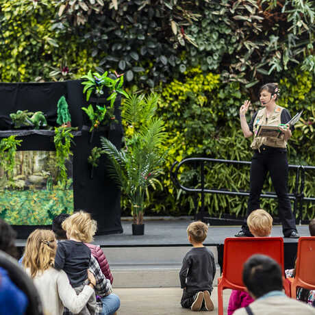 A Cal Academy presenter on stage in the Piazza during a dinosaur puppet show